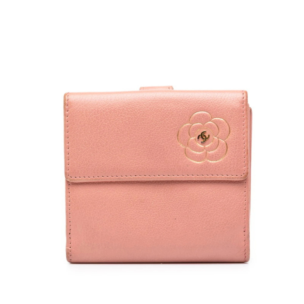Chanel Coco Mark Camellia Bi-fold Wallet, Pink Gold Leather, Women's CHANEL